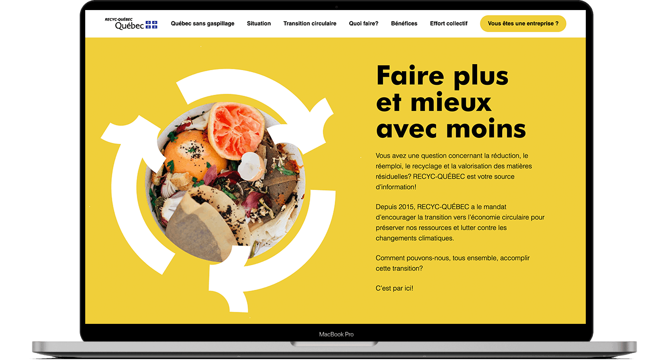 Illustration d'un écran qui montre la page d'accueil du site Recycquebec Économie circulaire.